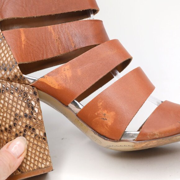 Chinese Laundry Brown Cage Strappy Sandals Python Block Heel Open Toe Shoes - Picture 6 of 12